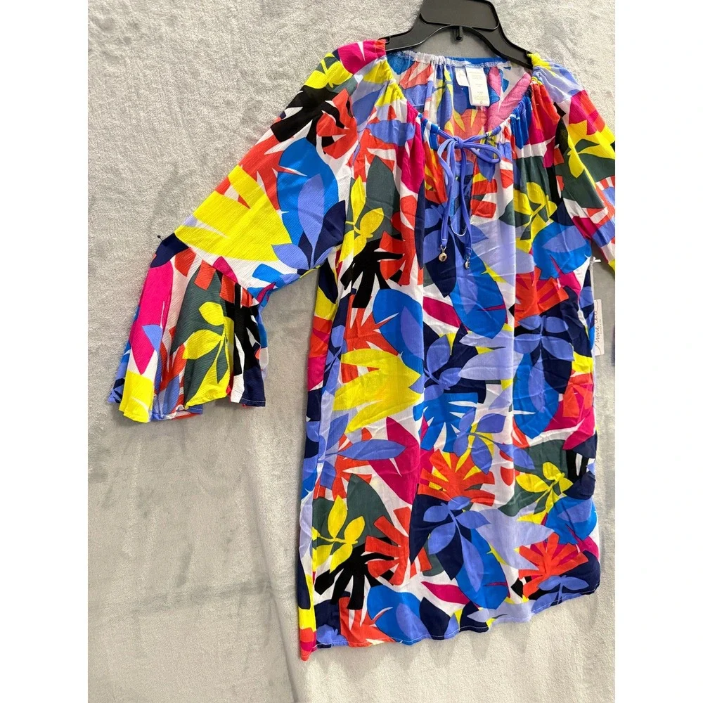 NWT Anne Cole Swim Cover-Up Dress Women Multicolor Tropical Bell Sleeve XS/S $84